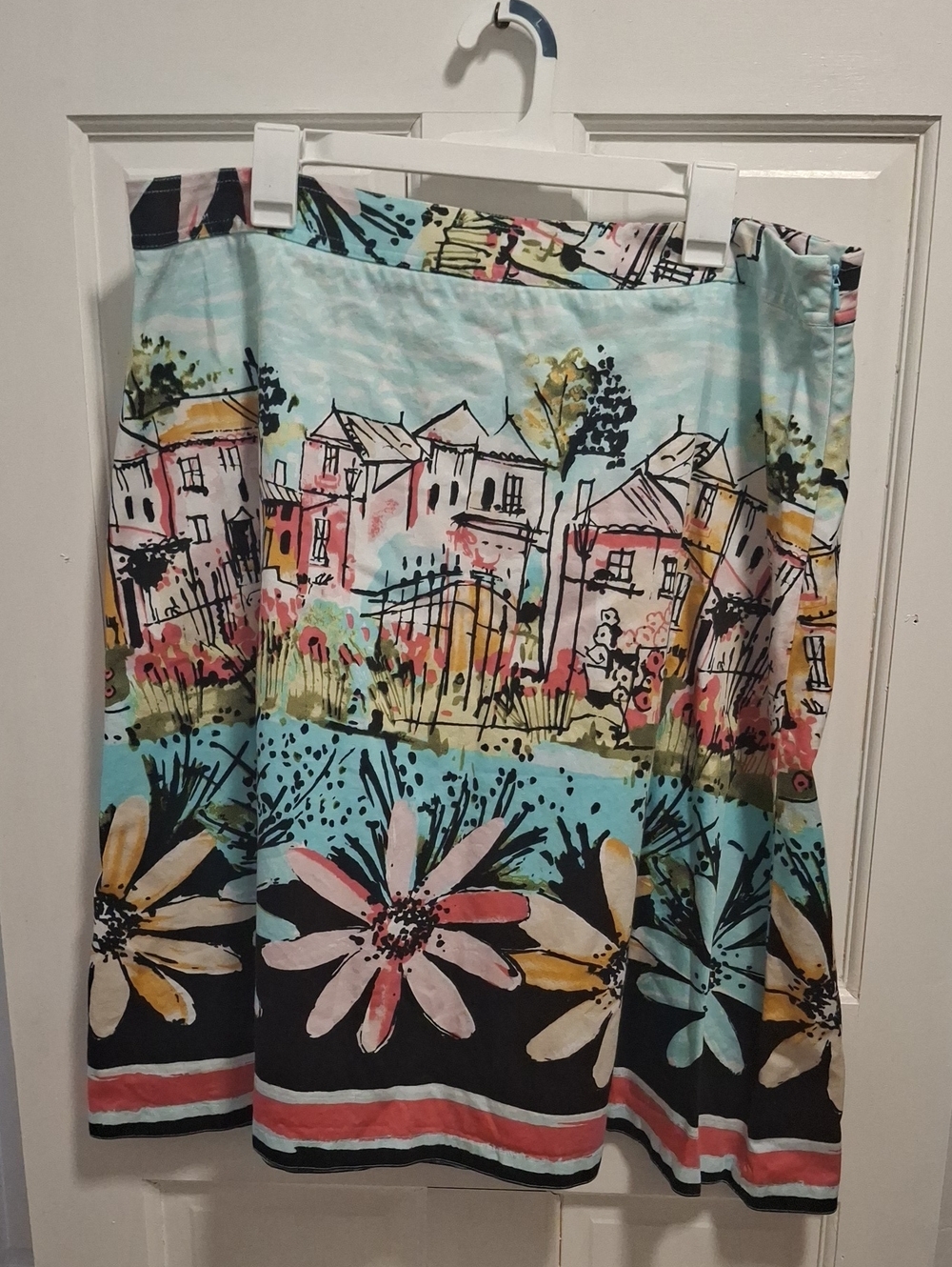 Floral Watercolor Print A-Line Skirt in Aqua and Coral